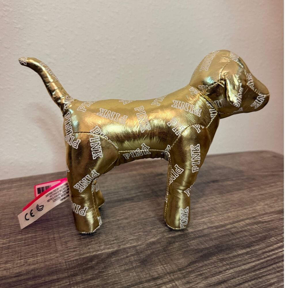 Victoria's Secret PINK Dog Gold Metallic Logo Plush Stuffed Collectible Y2K